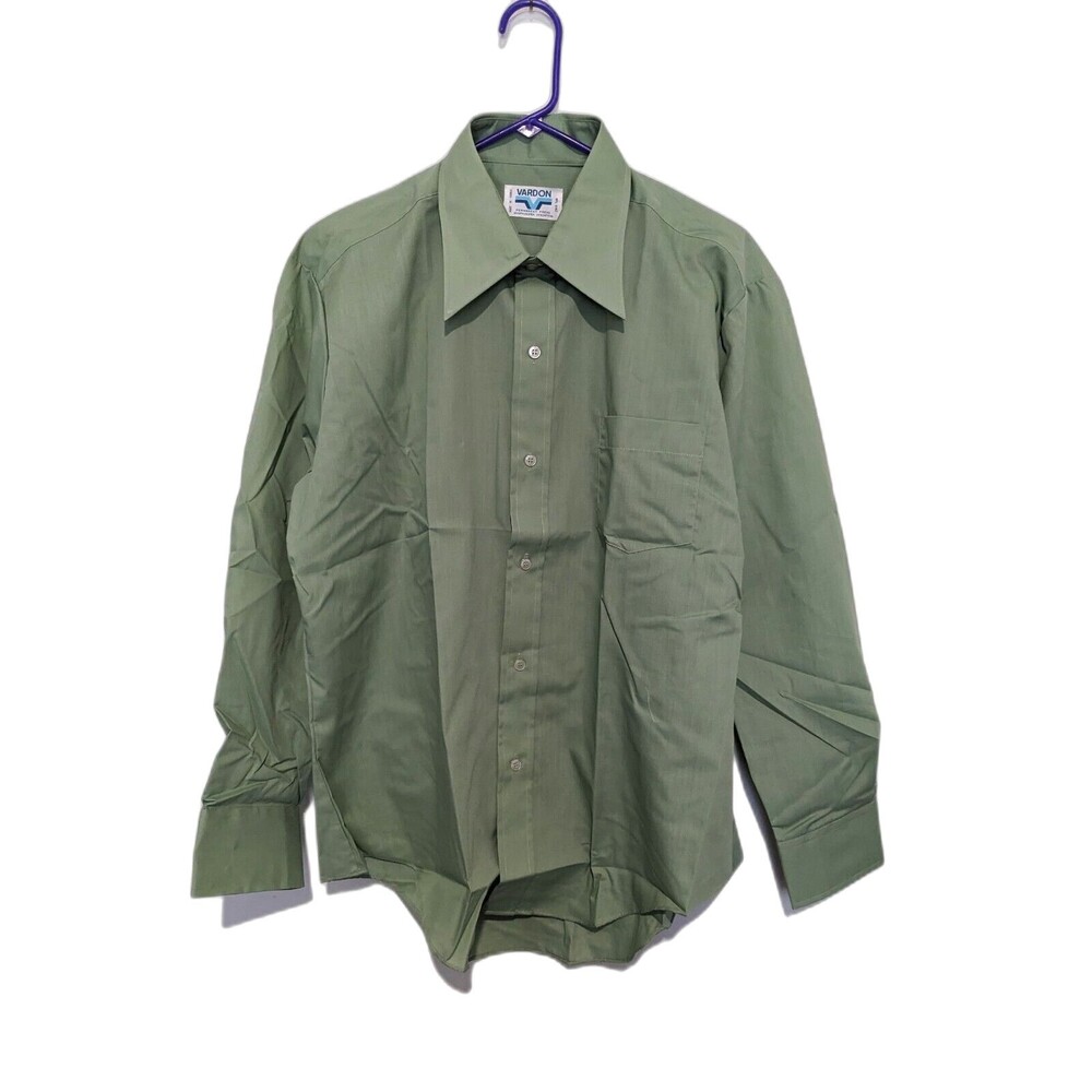 Nos Vintage Vardon Perma Prest Dress Long Sleeve Shirt Green Size 17/31